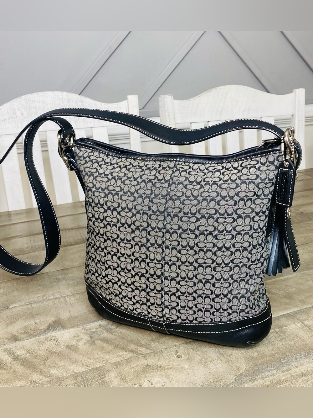 Coach Vintage Signature C Jacquard Hobo Shoulder Bag Black Gray Leather F10417